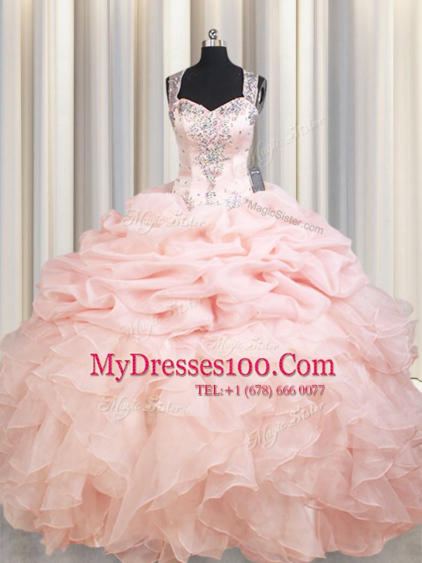 Traditional Straps Sleeveless Organza Brush Train Zipper Quinceanera Dresses in Pink with Beading and Ruffles and Pick Ups