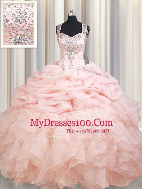 Traditional Straps Sleeveless Organza Brush Train Zipper Quinceanera Dresses in Pink with Beading and Ruffles and Pick Ups