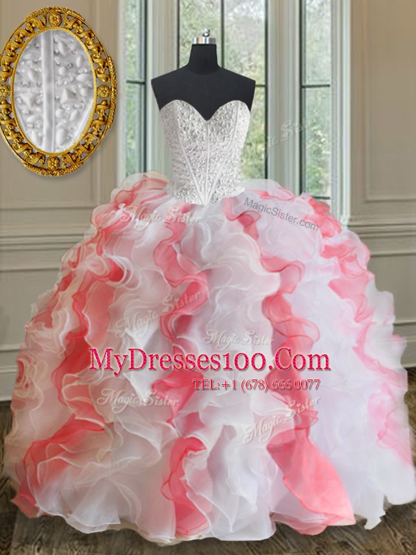 Custom Fit Pink And White Ball Gowns Organza Sweetheart Sleeveless Beading and Ruffles Floor Length Lace Up Quinceanera Gowns