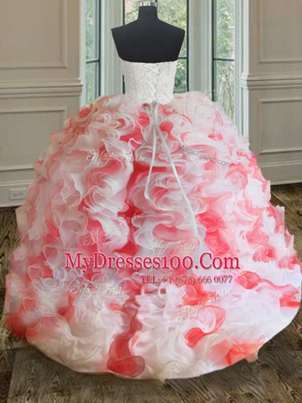 Custom Fit Pink And White Ball Gowns Organza Sweetheart Sleeveless Beading and Ruffles Floor Length Lace Up Quinceanera Gowns