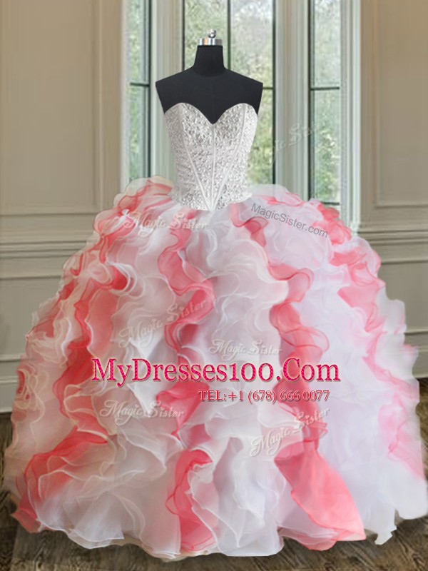 Custom Fit Pink And White Ball Gowns Organza Sweetheart Sleeveless Beading and Ruffles Floor Length Lace Up Quinceanera Gowns
