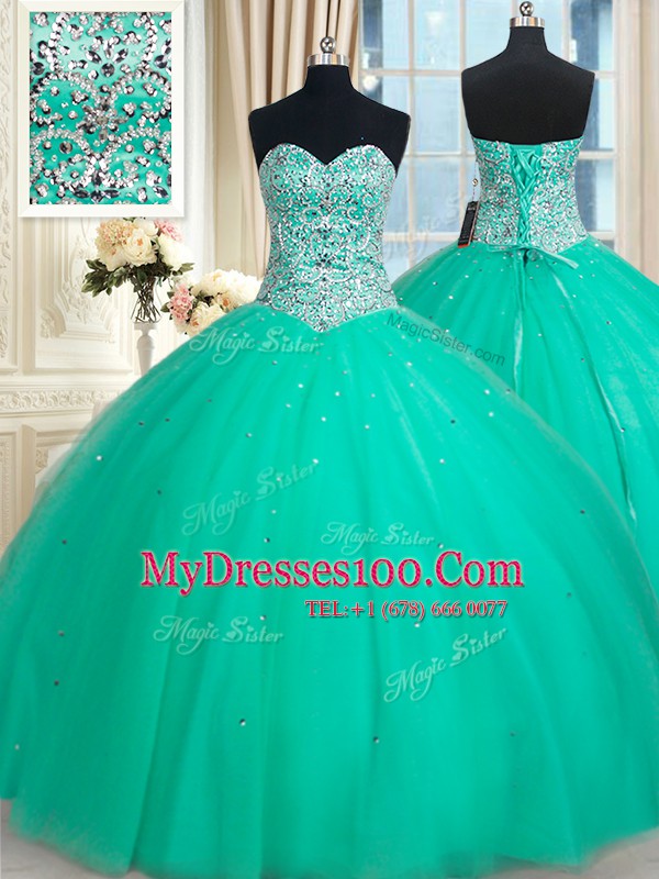 Colorful Turquoise Ball Gowns Tulle Sweetheart Sleeveless Beading Floor Length Lace Up Quince Ball Gowns