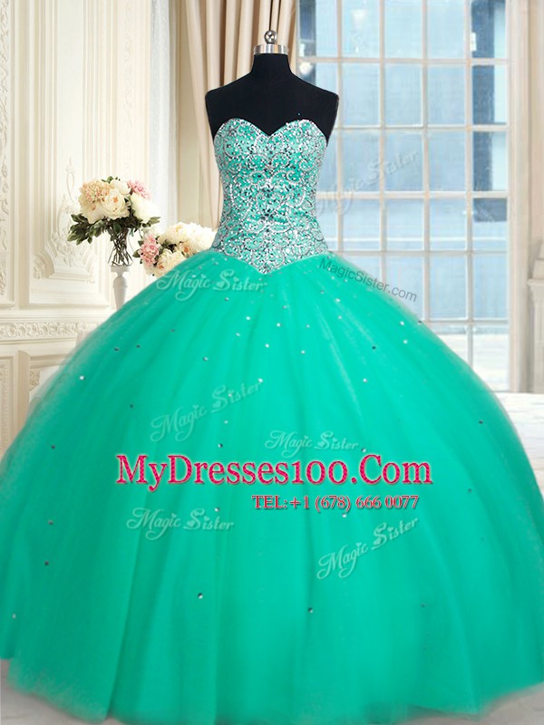 Colorful Turquoise Ball Gowns Tulle Sweetheart Sleeveless Beading Floor Length Lace Up Quince Ball Gowns