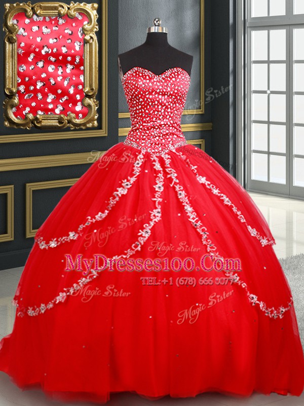 Red Sleeveless Beading and Appliques 15th Birthday Dress