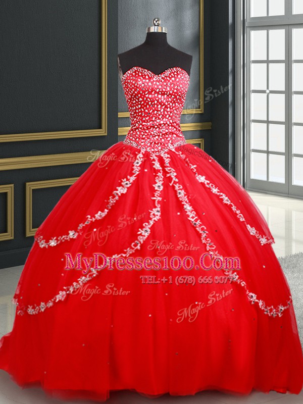 Red Sleeveless Beading and Appliques 15th Birthday Dress