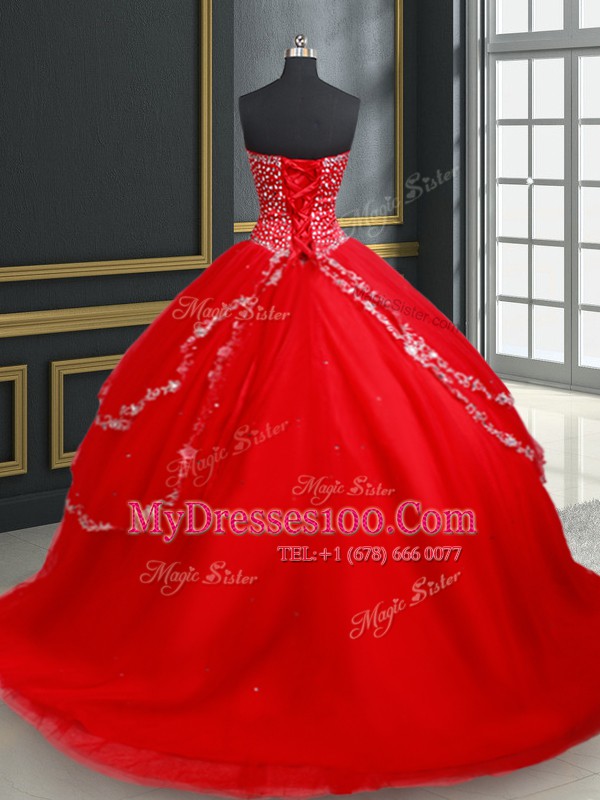 Red Sleeveless Beading and Appliques 15th Birthday Dress