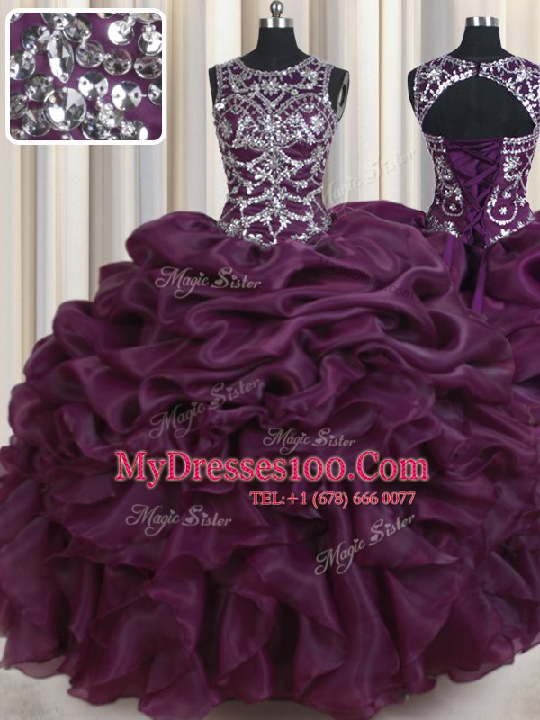 Organza Scoop Sleeveless Lace Up Beading and Ruffles and Pick Ups 15 Quinceanera Dress in Dark Purple