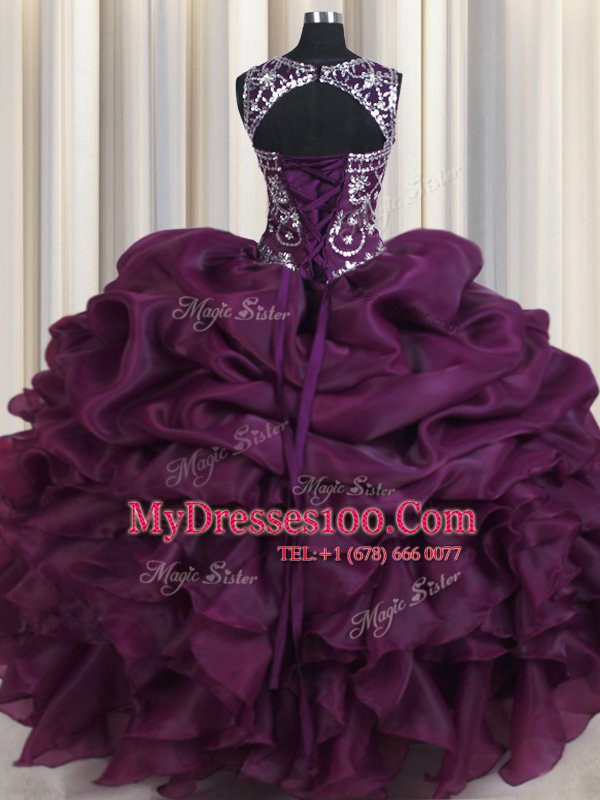 Organza Scoop Sleeveless Lace Up Beading and Ruffles and Pick Ups 15 Quinceanera Dress in Dark Purple