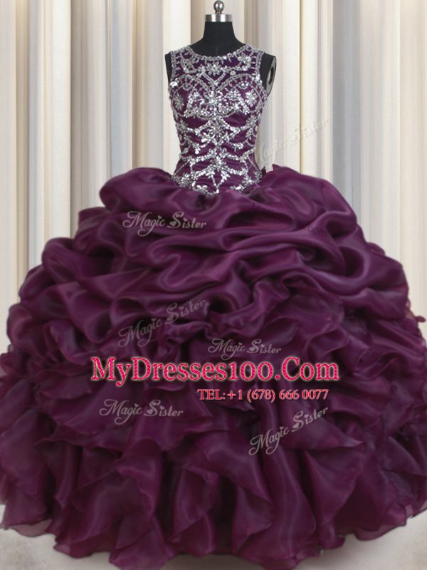 Organza Scoop Sleeveless Lace Up Beading and Ruffles and Pick Ups 15 Quinceanera Dress in Dark Purple