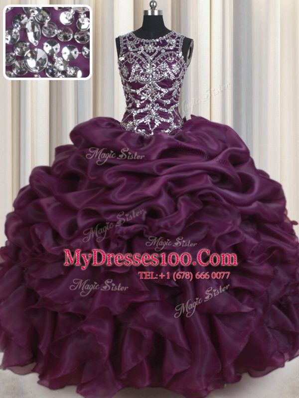 Organza Scoop Sleeveless Lace Up Beading and Ruffles and Pick Ups 15 Quinceanera Dress in Dark Purple