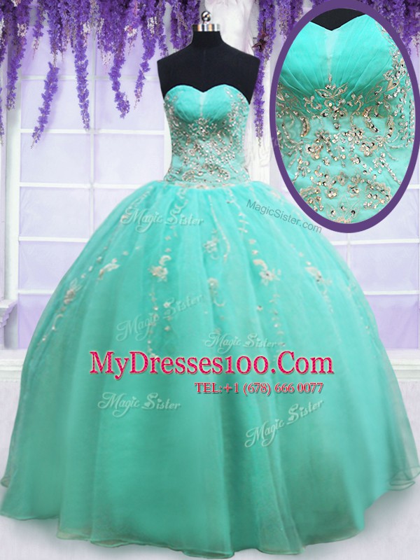 Apple Green Organza Zipper Quinceanera Dresses Sleeveless Floor Length Beading and Appliques