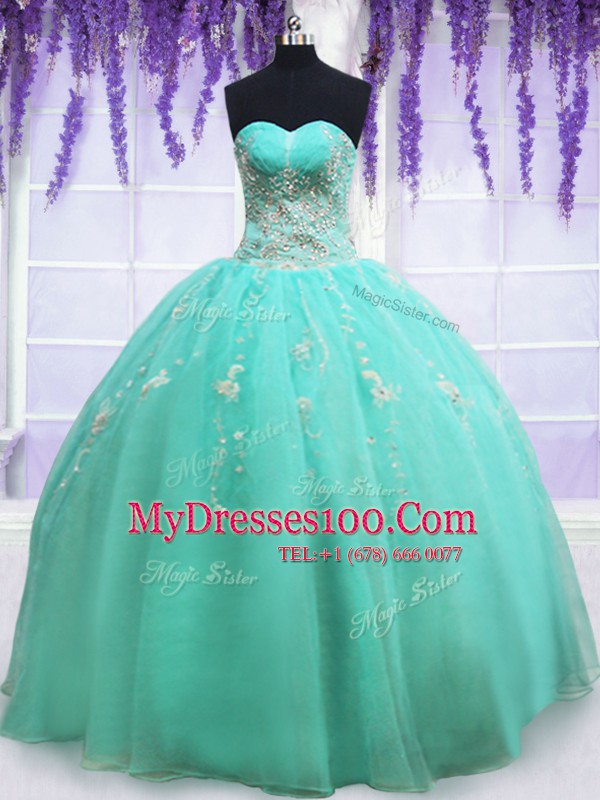 Apple Green Organza Zipper Quinceanera Dresses Sleeveless Floor Length Beading and Appliques