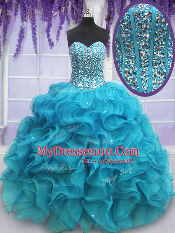 Sweetheart Sleeveless Lace Up Quinceanera Gown Teal Organza