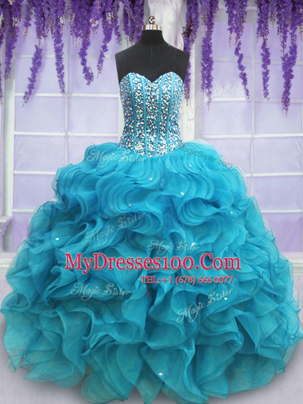 Sweetheart Sleeveless Lace Up Quinceanera Gown Teal Organza