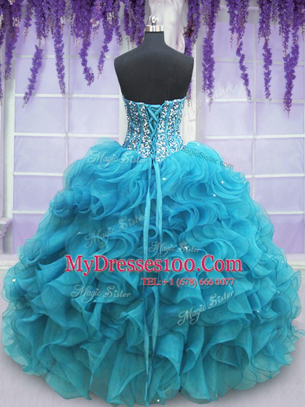 Sweetheart Sleeveless Lace Up Quinceanera Gown Teal Organza