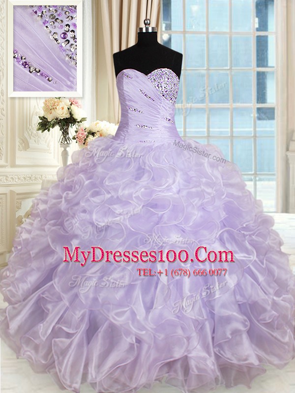 Lavender Sleeveless Beading and Ruffles Floor Length Vestidos de Quinceanera