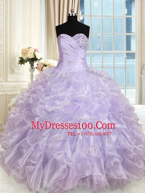 Lavender Sleeveless Beading and Ruffles Floor Length Vestidos de Quinceanera