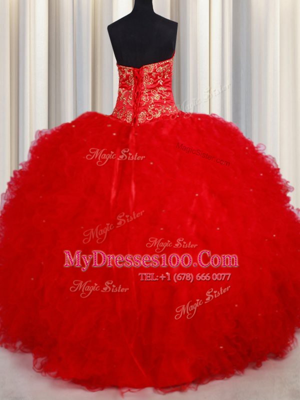 Eye-catching Red Sleeveless Beading and Embroidery Floor Length Ball Gown Prom Dress