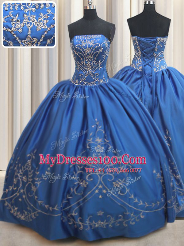 Royal Blue Vestidos de Quinceanera Military Ball and Sweet 16 and Quinceanera and For with Beading and Embroidery Strapless Sleeveless Lace Up