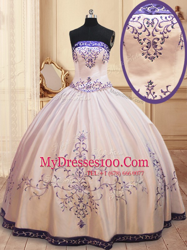 Sleeveless Satin Floor Length Zipper Sweet 16 Dress in White with Beading and Embroidery