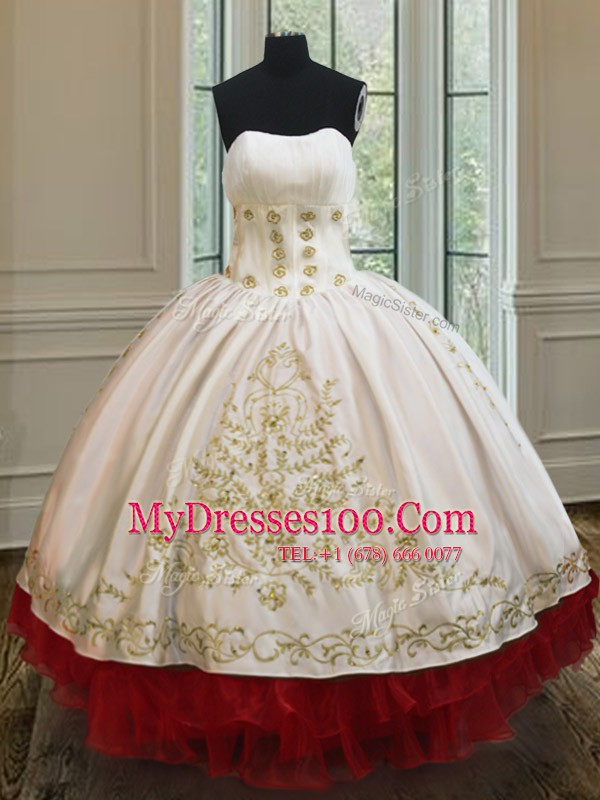 Dynamic White and Red Quinceanera Gown Military Ball and Sweet 16 and Quinceanera and For with Beading and Embroidery and Ruffled Layers Strapless Sleeveless Lace Up