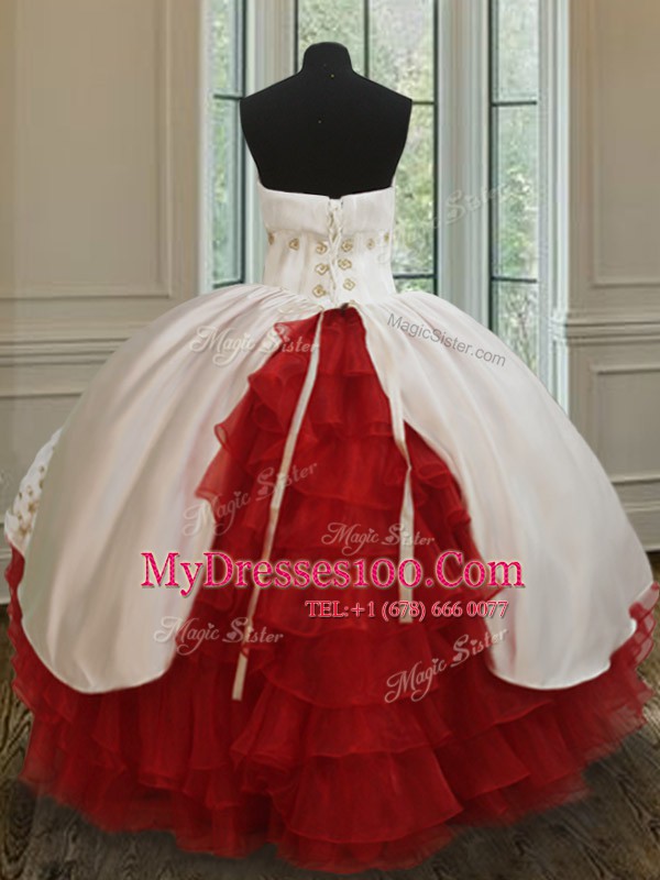 Dynamic White and Red Quinceanera Gown Military Ball and Sweet 16 and Quinceanera and For with Beading and Embroidery and Ruffled Layers Strapless Sleeveless Lace Up