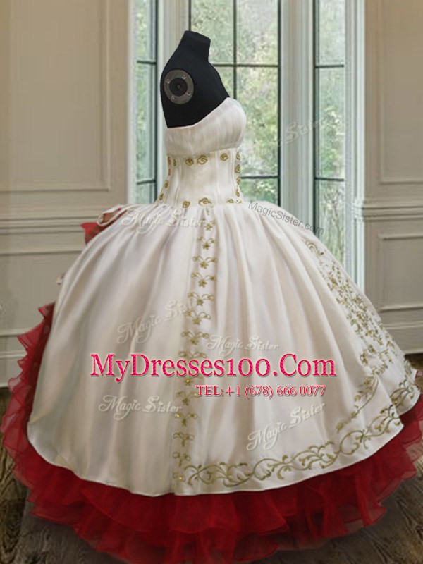 Dynamic White and Red Quinceanera Gown Military Ball and Sweet 16 and Quinceanera and For with Beading and Embroidery and Ruffled Layers Strapless Sleeveless Lace Up