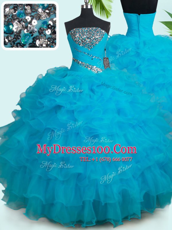 Affordable Sleeveless Floor Length Beading Zipper Sweet 16 Dress with Baby Blue