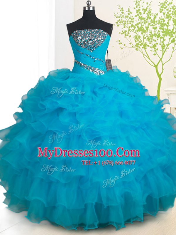 Affordable Sleeveless Floor Length Beading Zipper Sweet 16 Dress with Baby Blue
