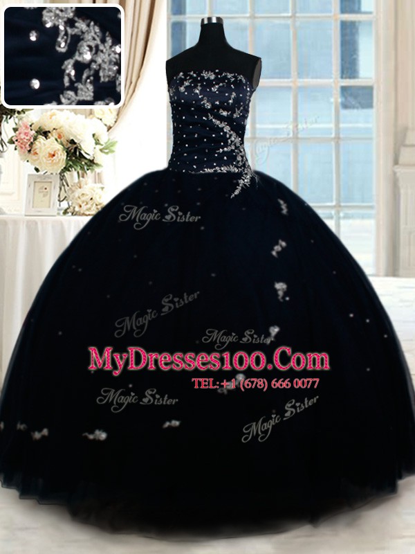 Dazzling Navy Blue Sleeveless Beading Floor Length 15th Birthday Dress