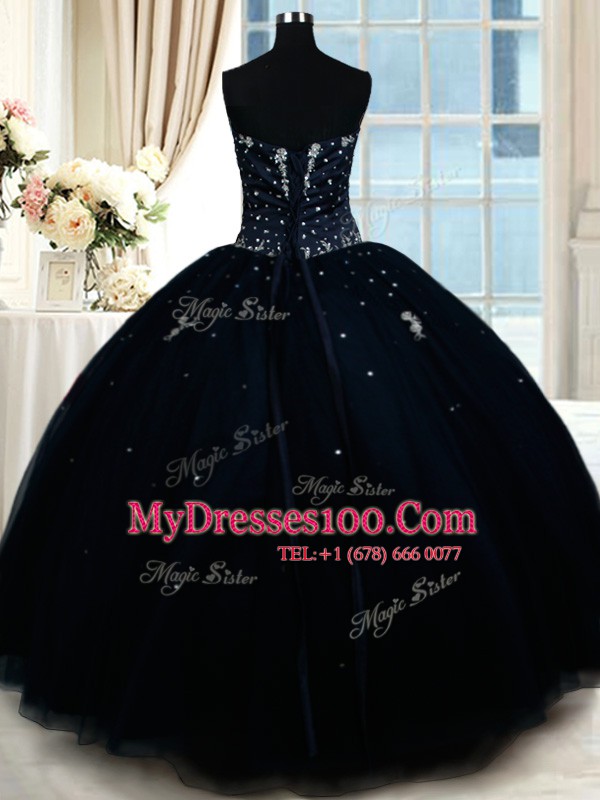 Dazzling Navy Blue Sleeveless Beading Floor Length 15th Birthday Dress