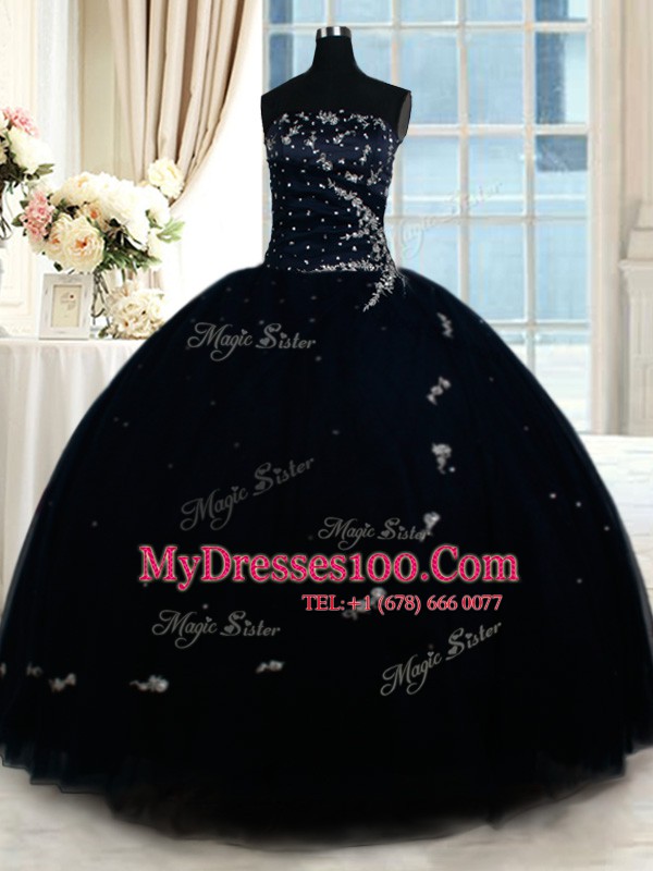 Dazzling Navy Blue Sleeveless Beading Floor Length 15th Birthday Dress