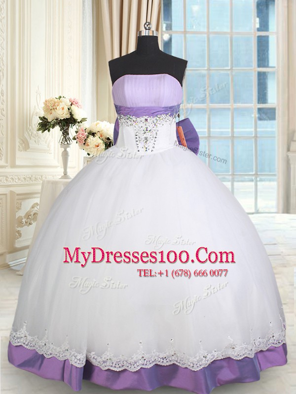 Best Beading and Lace and Bowknot 15th Birthday Dress White And Purple Lace Up Sleeveless Floor Length