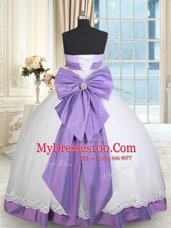 Best Beading and Lace and Bowknot 15th Birthday Dress White And Purple Lace Up Sleeveless Floor Length