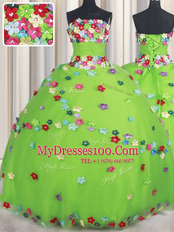 Ball Gowns Strapless Sleeveless Tulle Floor Length Lace Up Beading and Appliques Quinceanera Dress