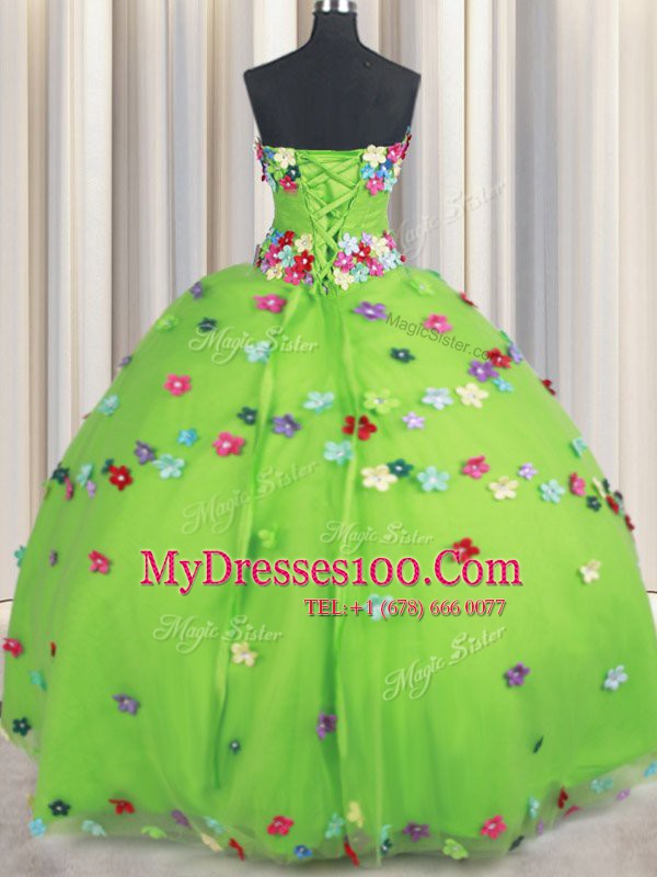 Ball Gowns Strapless Sleeveless Tulle Floor Length Lace Up Beading and Appliques Quinceanera Dress
