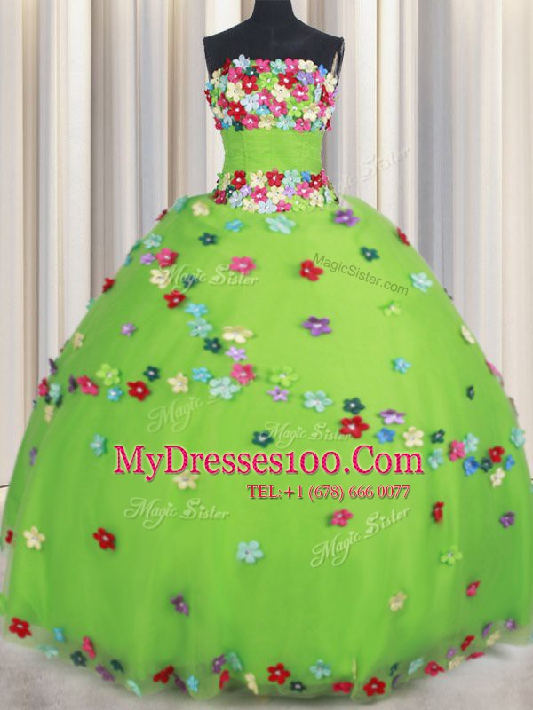 Ball Gowns Strapless Sleeveless Tulle Floor Length Lace Up Beading and Appliques Quinceanera Dress