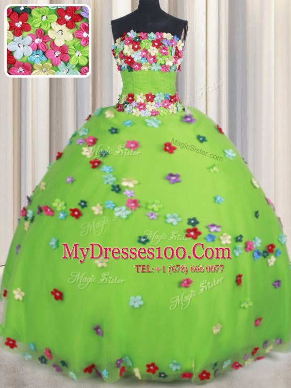 Ball Gowns Strapless Sleeveless Tulle Floor Length Lace Up Beading and Appliques Quinceanera Dress
