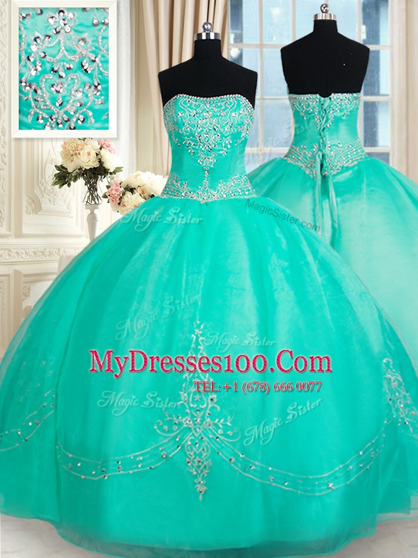 Colorful Sleeveless Beading and Appliques Lace Up Quince Ball Gowns