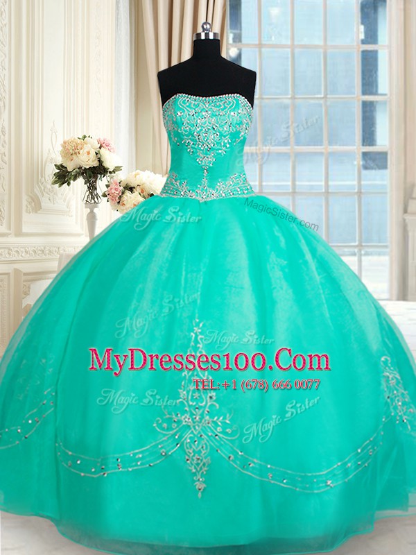 Colorful Sleeveless Beading and Appliques Lace Up Quince Ball Gowns