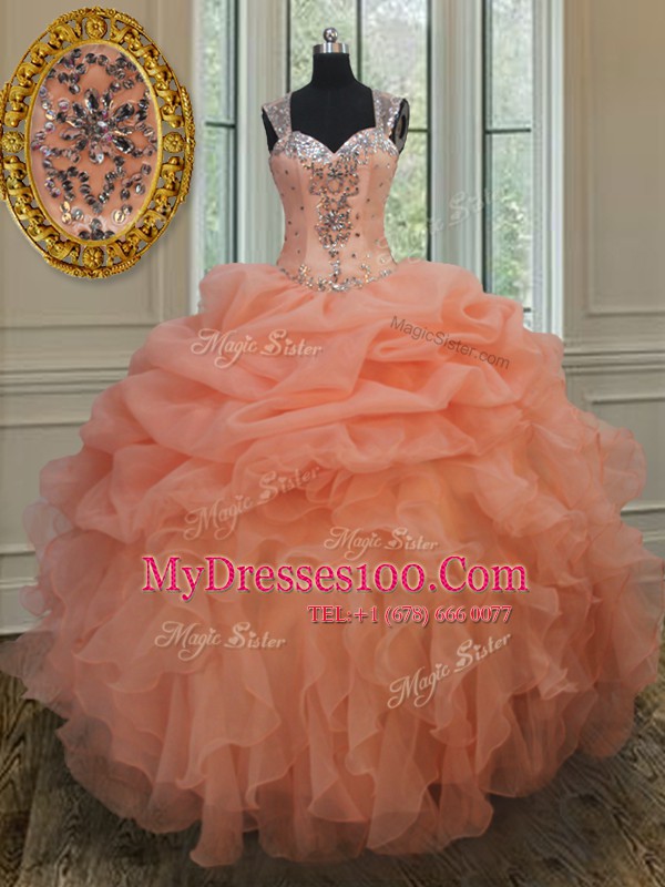 Traditional Pick Ups Straps Sleeveless Zipper Ball Gown Prom Dress Orange Organza