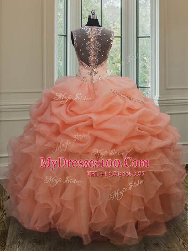 Traditional Pick Ups Straps Sleeveless Zipper Ball Gown Prom Dress Orange Organza