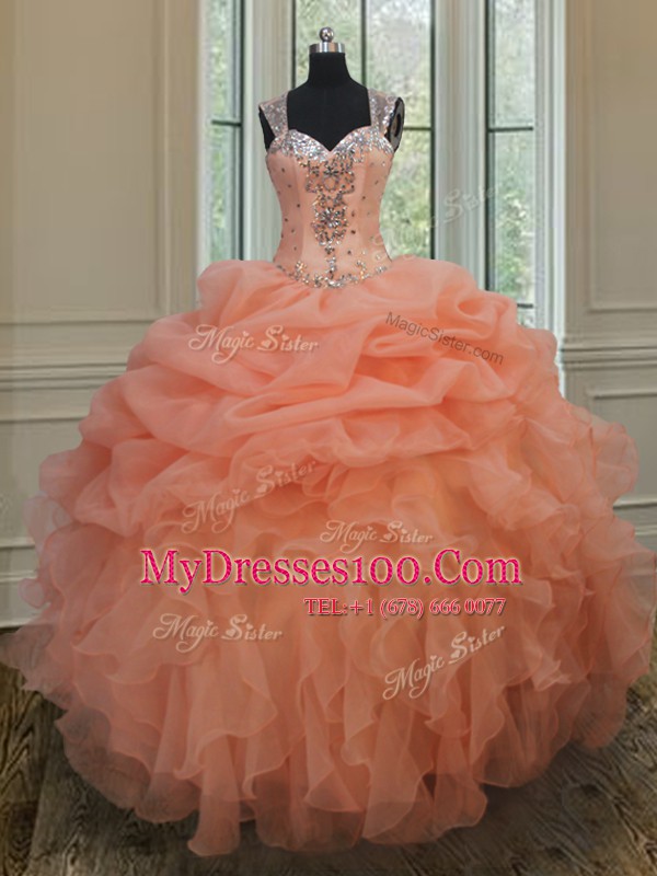 Traditional Pick Ups Straps Sleeveless Zipper Ball Gown Prom Dress Orange Organza
