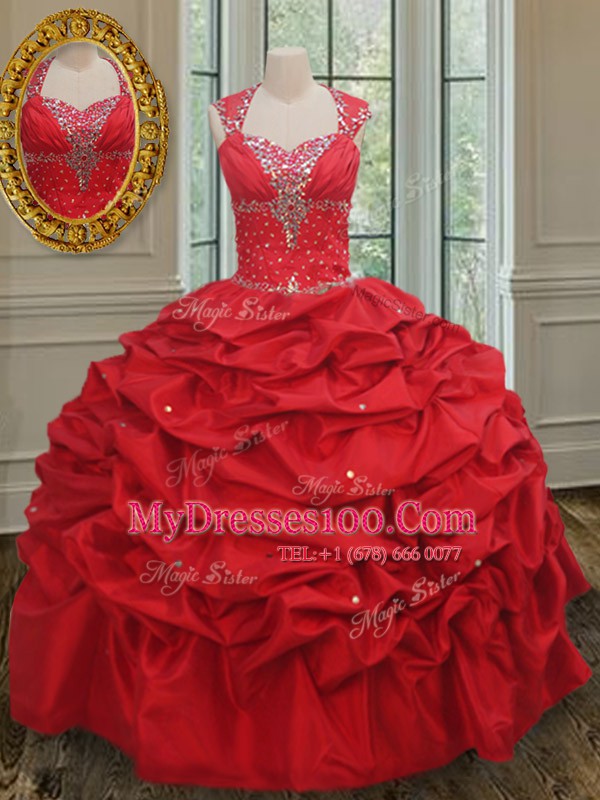 Top Selling Straps Red Cap Sleeves Floor Length Beading and Pick Ups Lace Up 15th Birthday Dress