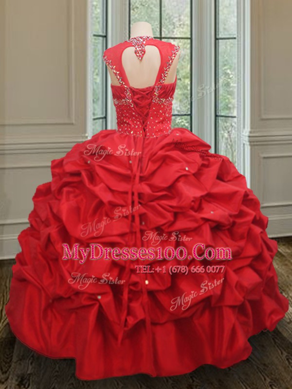 Top Selling Straps Red Cap Sleeves Floor Length Beading and Pick Ups Lace Up 15th Birthday Dress