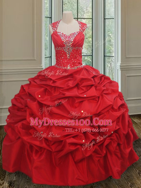 Top Selling Straps Red Cap Sleeves Floor Length Beading and Pick Ups Lace Up 15th Birthday Dress
