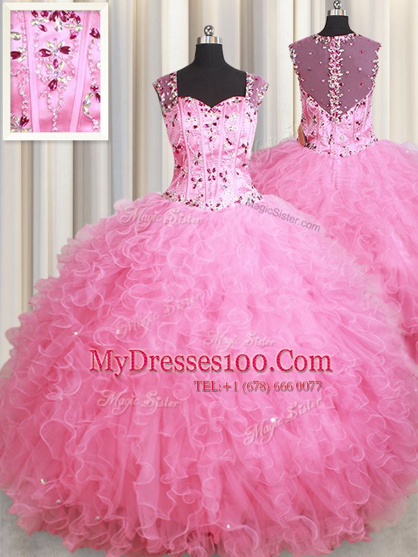 Straps Sleeveless Floor Length Beading and Ruffles Zipper Quince Ball Gowns with Rose Pink