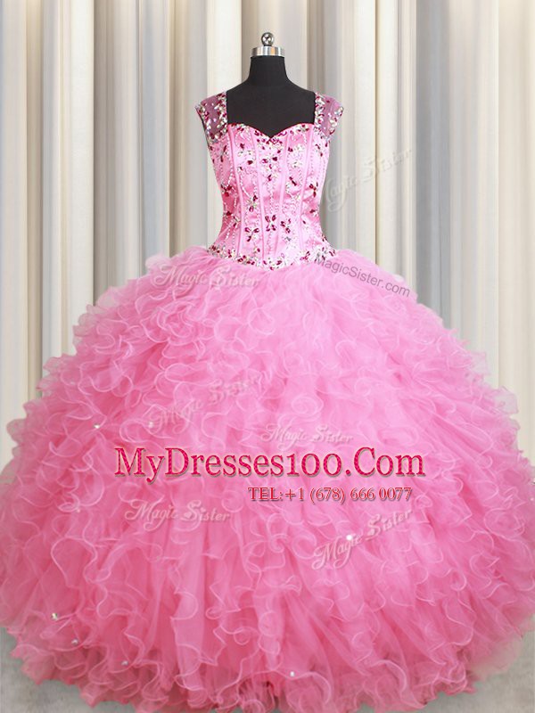 Straps Sleeveless Floor Length Beading and Ruffles Zipper Quince Ball Gowns with Rose Pink