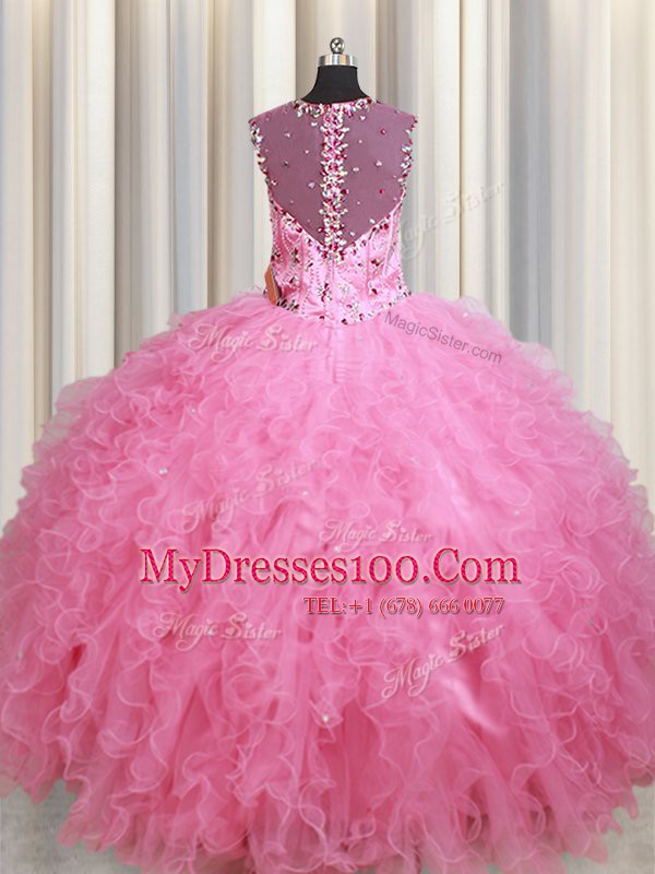 Straps Sleeveless Floor Length Beading and Ruffles Zipper Quince Ball Gowns with Rose Pink