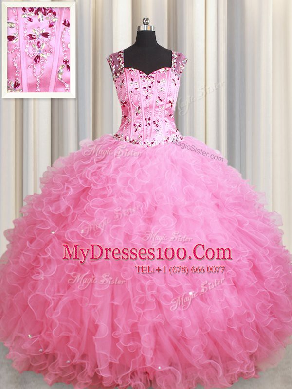 Straps Sleeveless Floor Length Beading and Ruffles Zipper Quince Ball Gowns with Rose Pink
